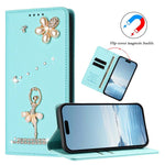 غطاء هاتف من الجلد النباتي مزين بألماس على شكل فتاة باليه ويدعم RFID، لهواتف iPhone 16 Pro، iPhone 16 Plus، iPhone 16، iPhone 15 Pro Max، iPhone 15 Pro، iPhone 15 Plus