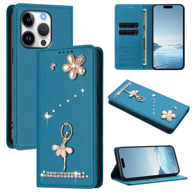 غطاء هاتف من الجلد النباتي مزين بألماس على شكل فتاة باليه ويدعم RFID، لهواتف iPhone 16 Pro، iPhone 16 Plus، iPhone 16، iPhone 15 Pro Max، iPhone 15 Pro، iPhone 15 Plus
