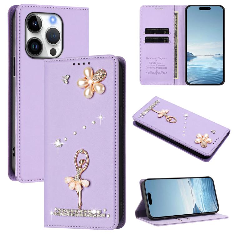 غطاء هاتف من الجلد النباتي مزين بألماس على شكل فتاة باليه ويدعم RFID، لهواتف iPhone 16 Pro، iPhone 16 Plus، iPhone 16، iPhone 15 Pro Max، iPhone 15 Pro، iPhone 15 Plus