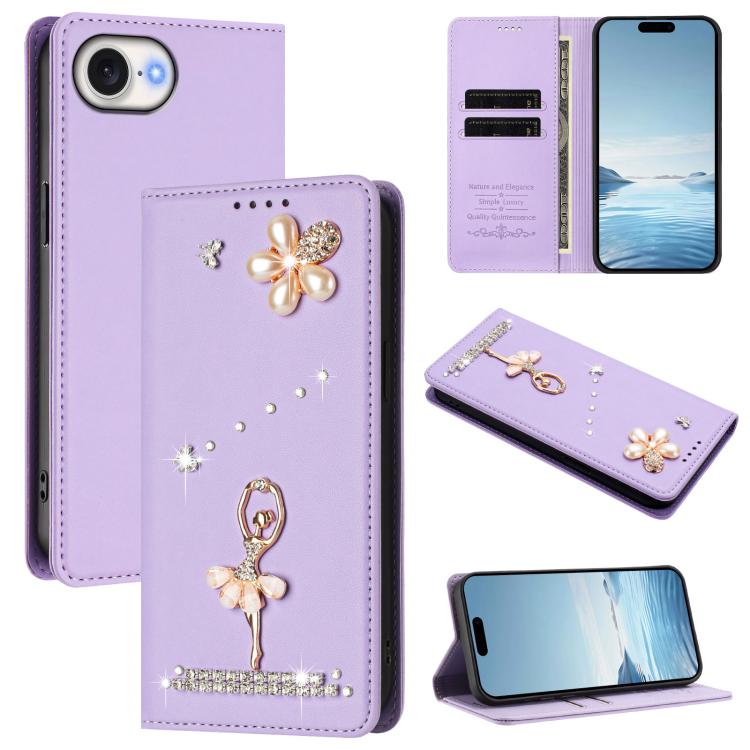 غطاء هاتف من الجلد النباتي مزين بألماس على شكل فتاة باليه ويدعم RFID، لهواتف iPhone 17e / 16e، iPhone 17 Pro Max، iPhone 17 Pro، iPhone 17، iPhone Air، iPhone 16 Pro Max