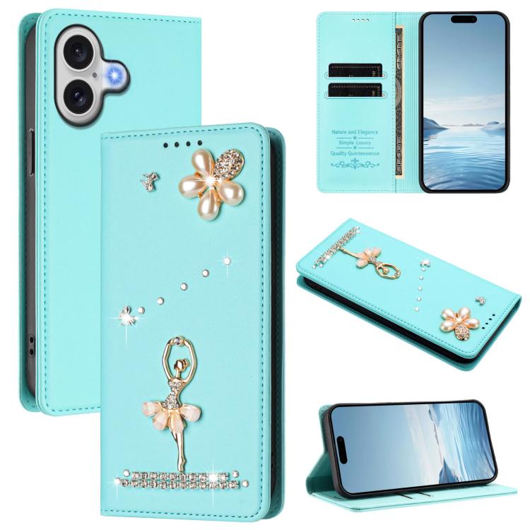 غطاء هاتف من الجلد النباتي مزين بألماس على شكل فتاة باليه ويدعم RFID، لهواتف iPhone 17e / 16e، iPhone 17 Pro Max، iPhone 17 Pro، iPhone 17، iPhone Air، iPhone 16 Pro Max