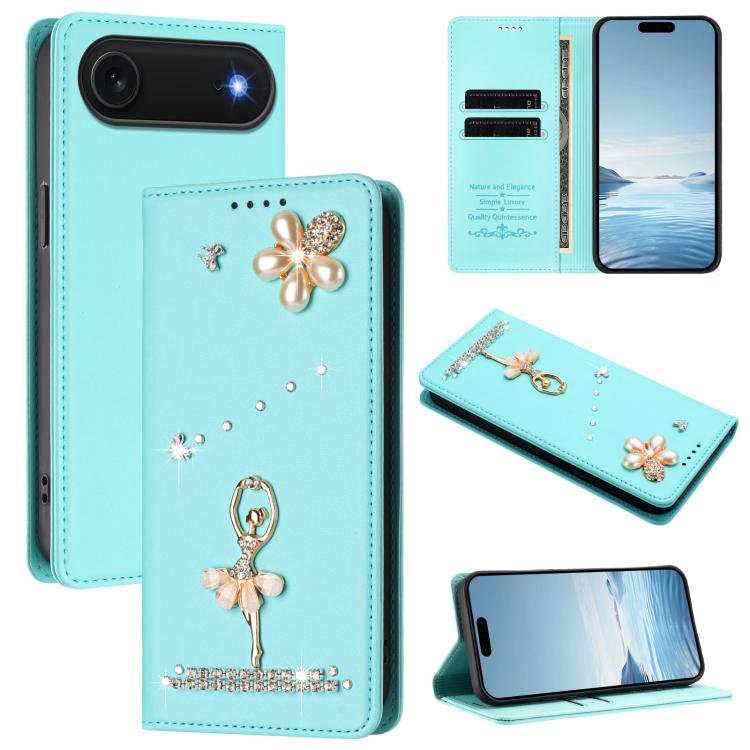 غطاء هاتف من الجلد النباتي مزين بألماس على شكل فتاة باليه ويدعم RFID، لهواتف iPhone 17e / 16e، iPhone 17 Pro Max، iPhone 17 Pro، iPhone 17، iPhone Air، iPhone 16 Pro Max
