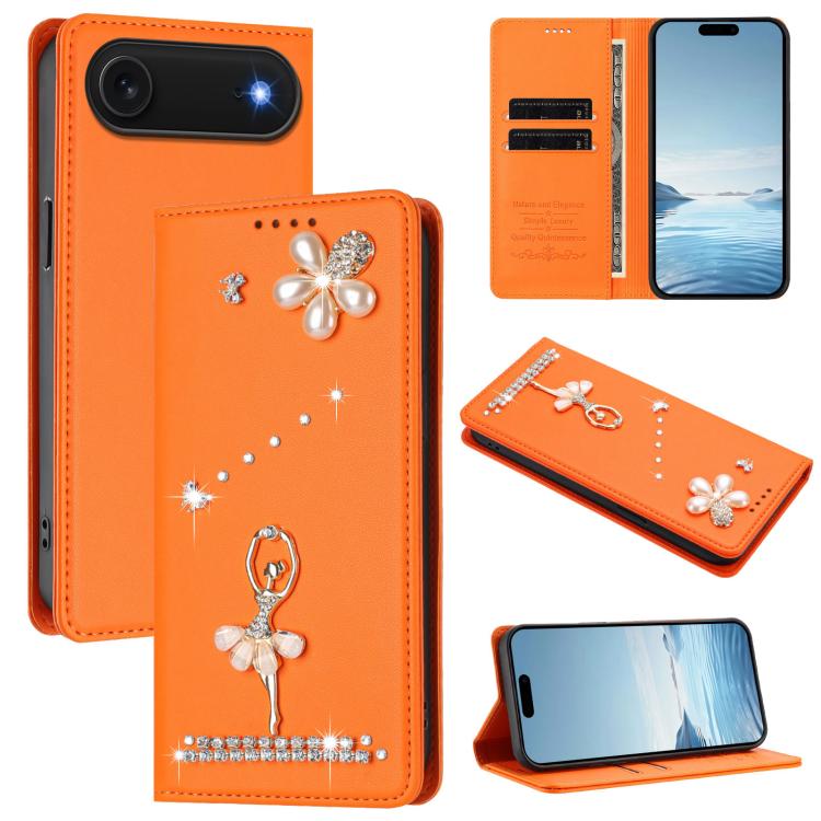 غطاء هاتف من الجلد النباتي مزين بألماس على شكل فتاة باليه ويدعم RFID، لهواتف iPhone 17e / 16e، iPhone 17 Pro Max، iPhone 17 Pro، iPhone 17، iPhone Air، iPhone 16 Pro Max
