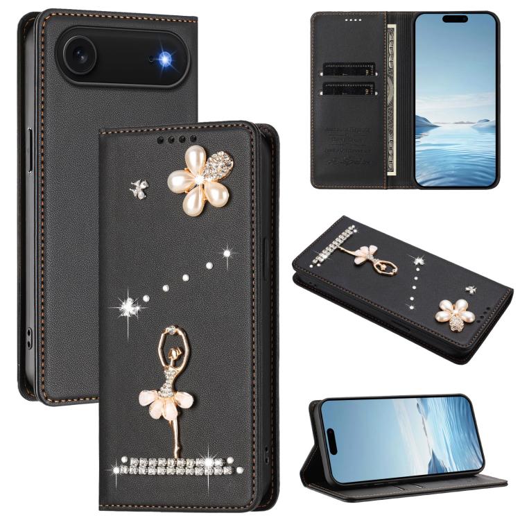 غطاء هاتف من الجلد النباتي مزين بألماس على شكل فتاة باليه ويدعم RFID، لهواتف iPhone 17e / 16e، iPhone 17 Pro Max، iPhone 17 Pro، iPhone 17، iPhone Air، iPhone 16 Pro Max