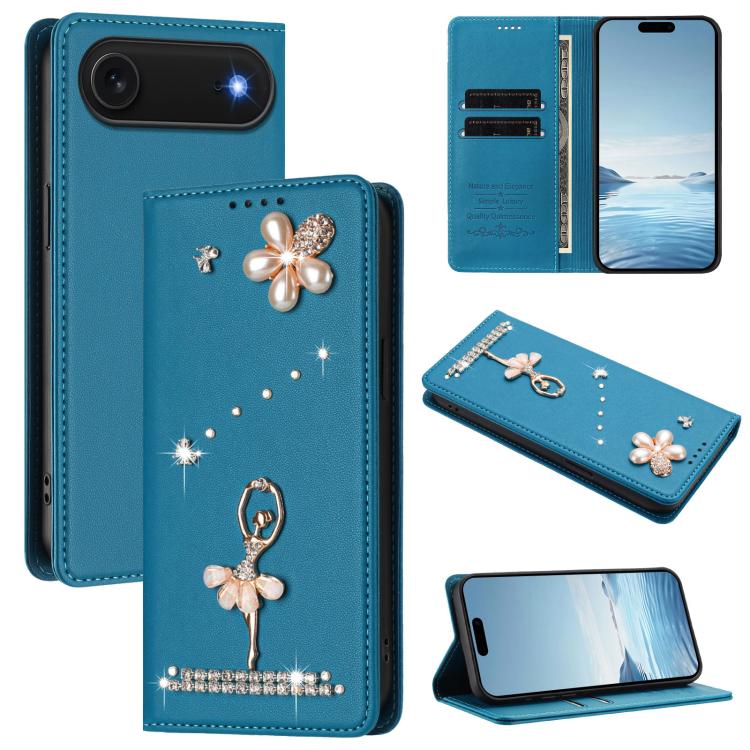 غطاء هاتف من الجلد النباتي مزين بألماس على شكل فتاة باليه ويدعم RFID، لهواتف iPhone 17e / 16e، iPhone 17 Pro Max، iPhone 17 Pro، iPhone 17، iPhone Air، iPhone 16 Pro Max