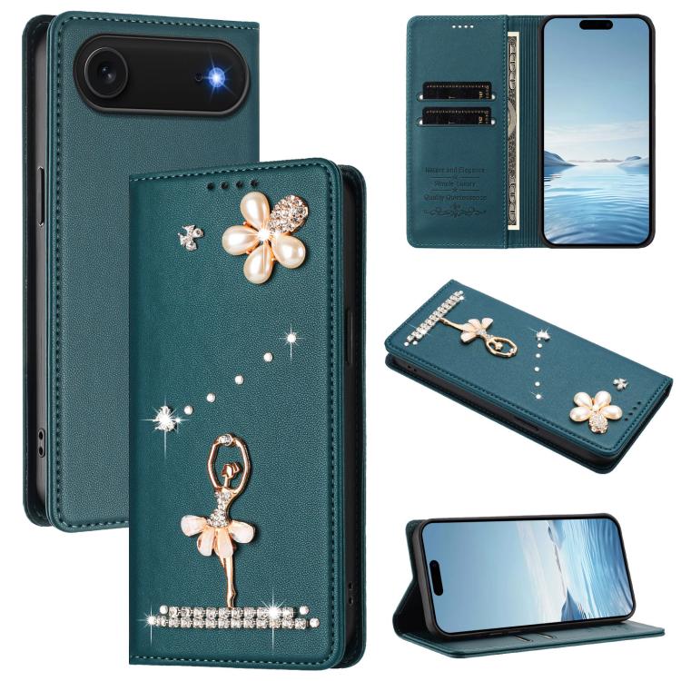 غطاء هاتف من الجلد النباتي مزين بألماس على شكل فتاة باليه ويدعم RFID، لهواتف iPhone 17e / 16e، iPhone 17 Pro Max، iPhone 17 Pro، iPhone 17، iPhone Air، iPhone 16 Pro Max