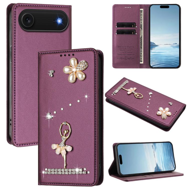غطاء هاتف من الجلد النباتي مزين بألماس على شكل فتاة باليه ويدعم RFID، لهواتف iPhone 17e / 16e، iPhone 17 Pro Max، iPhone 17 Pro، iPhone 17، iPhone Air، iPhone 16 Pro Max