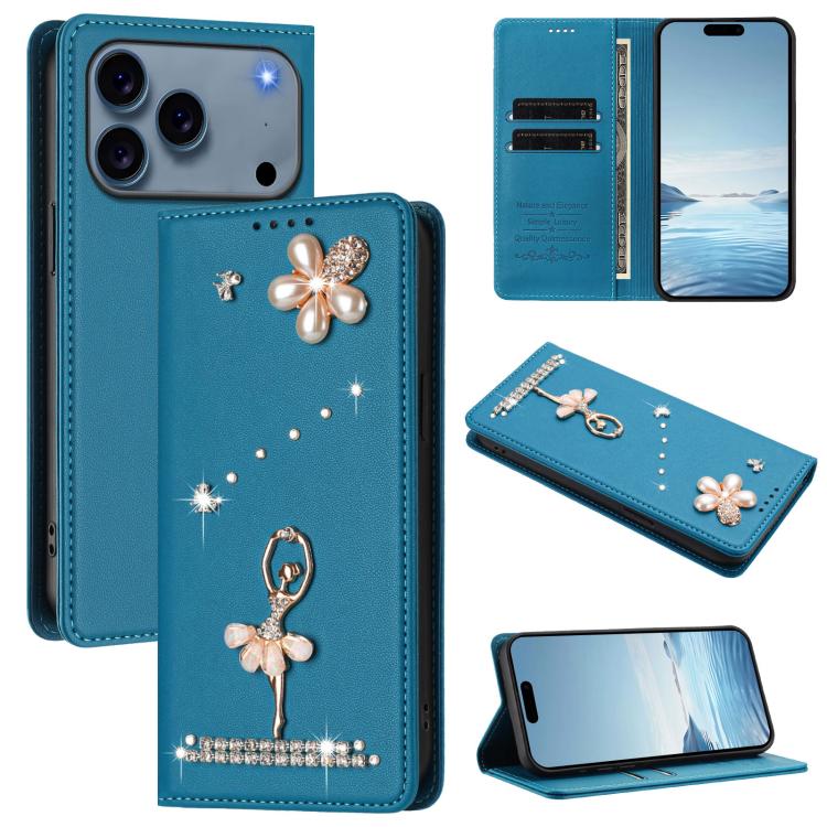 غطاء هاتف من الجلد النباتي مزين بألماس على شكل فتاة باليه ويدعم RFID، لهواتف iPhone 17e / 16e، iPhone 17 Pro Max، iPhone 17 Pro، iPhone 17، iPhone Air، iPhone 16 Pro Max