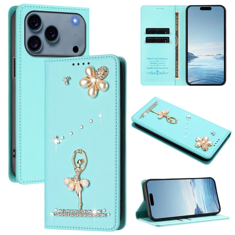 غطاء هاتف من الجلد النباتي مزين بألماس على شكل فتاة باليه ويدعم RFID، لهواتف iPhone 17e / 16e، iPhone 17 Pro Max، iPhone 17 Pro، iPhone 17، iPhone Air، iPhone 16 Pro Max