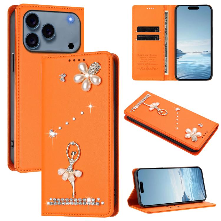 غطاء هاتف من الجلد النباتي مزين بألماس على شكل فتاة باليه ويدعم RFID، لهواتف iPhone 17e / 16e، iPhone 17 Pro Max، iPhone 17 Pro، iPhone 17، iPhone Air، iPhone 16 Pro Max