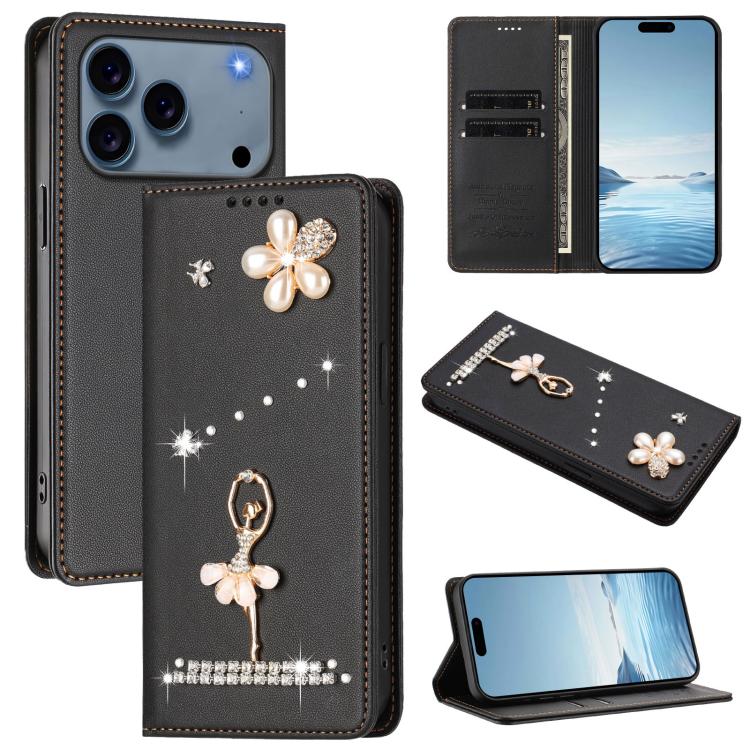 غطاء هاتف من الجلد النباتي مزين بألماس على شكل فتاة باليه ويدعم RFID، لهواتف iPhone 17e / 16e، iPhone 17 Pro Max، iPhone 17 Pro، iPhone 17، iPhone Air، iPhone 16 Pro Max