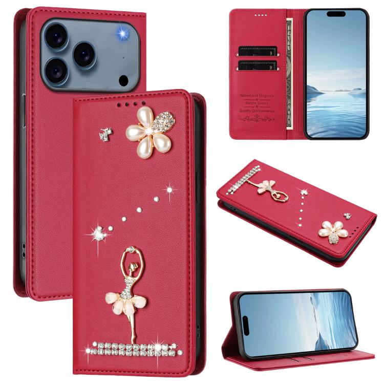 غطاء هاتف من الجلد النباتي مزين بألماس على شكل فتاة باليه ويدعم RFID، لهواتف iPhone 17e / 16e، iPhone 17 Pro Max، iPhone 17 Pro، iPhone 17، iPhone Air، iPhone 16 Pro Max