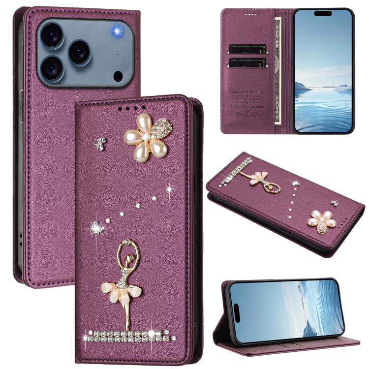 غطاء هاتف من الجلد النباتي مزين بألماس على شكل فتاة باليه ويدعم RFID، لهواتف iPhone 17e / 16e، iPhone 17 Pro Max، iPhone 17 Pro، iPhone 17، iPhone Air، iPhone 16 Pro Max