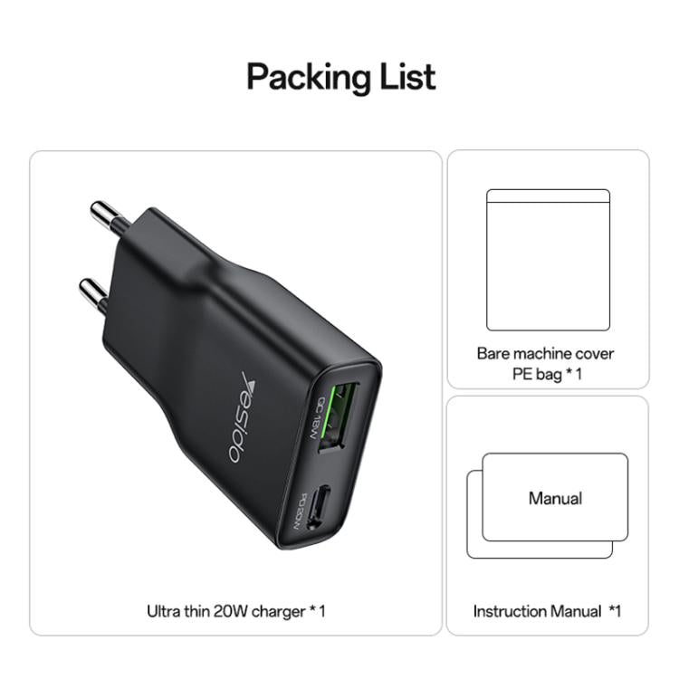 Yesido YC112 Ultra-thin 20W Dual-port PD QC Fast Charger, YC112