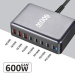 شاحن مكتبي سريع GaN عالي الطاقة بثمانية منافذ USB-C / Type-C وUSB-A بقوة 600 واط، قابس الاتحاد الأوروبي، قابس الولايات المتحدة، قابس المملكة المتحدة، قابس أستراليا