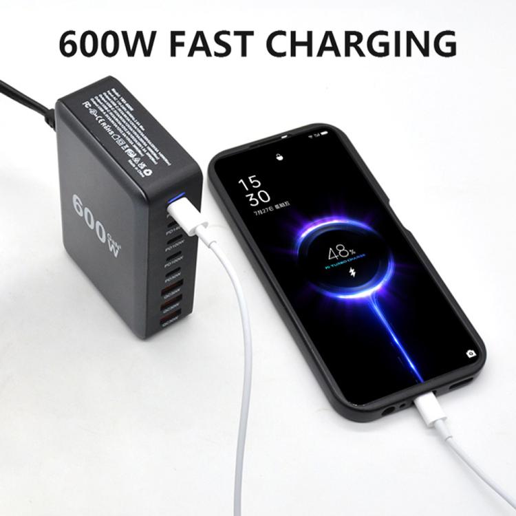 شاحن مكتبي سريع GaN عالي الطاقة بثمانية منافذ USB-C / Type-C وUSB-A بقوة 600 واط، قابس الاتحاد الأوروبي، قابس الولايات المتحدة، قابس المملكة المتحدة، قابس أستراليا