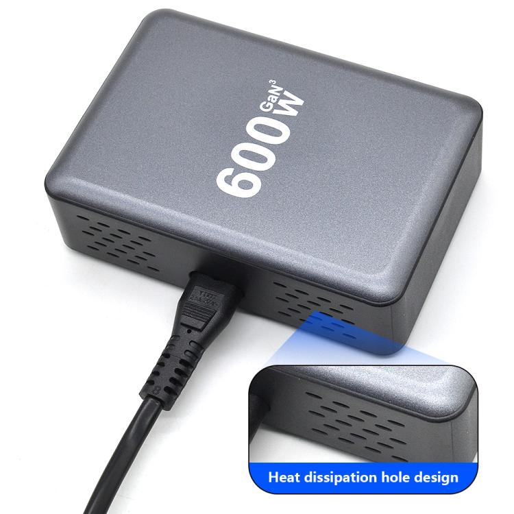 شاحن مكتبي سريع GaN عالي الطاقة بثمانية منافذ USB-C / Type-C وUSB-A بقوة 600 واط، قابس الاتحاد الأوروبي، قابس الولايات المتحدة، قابس المملكة المتحدة، قابس أستراليا