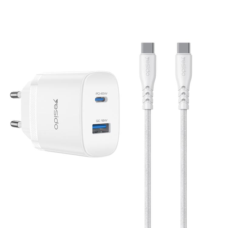 مجموعة شاحن سريع بمنفذين USB وType-C بقوة 45 واط من Yesido، قابس الاتحاد الأوروبي، قابس المملكة المتحدة، قابس الولايات المتحدة
