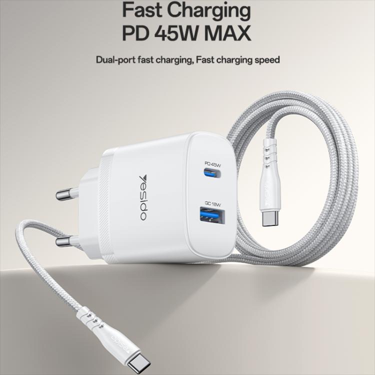 مجموعة شاحن سريع بمنفذين USB وType-C بقوة 45 واط من Yesido، قابس الاتحاد الأوروبي، قابس المملكة المتحدة، قابس الولايات المتحدة