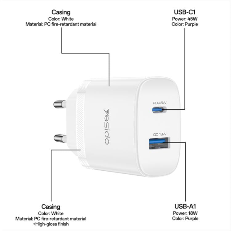 مجموعة شاحن سريع بمنفذين USB وType-C بقوة 45 واط من Yesido، قابس الاتحاد الأوروبي، قابس المملكة المتحدة، قابس الولايات المتحدة