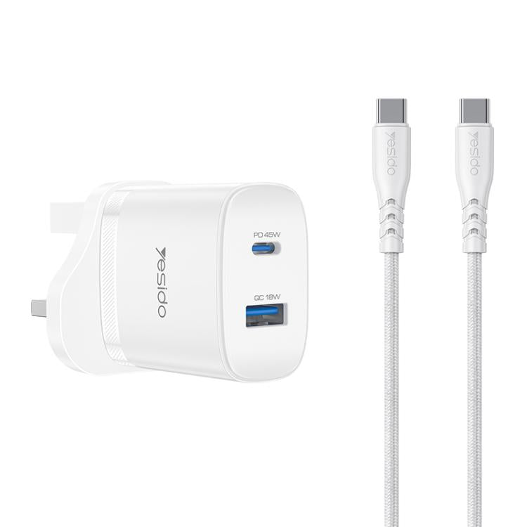 مجموعة شاحن سريع بمنفذين USB وType-C بقوة 45 واط من Yesido، قابس الاتحاد الأوروبي، قابس المملكة المتحدة، قابس الولايات المتحدة
