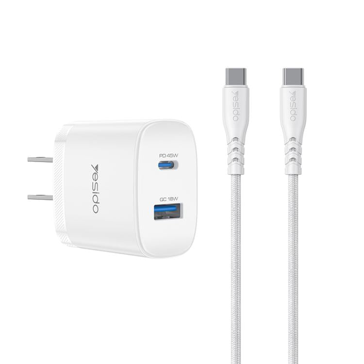 مجموعة شاحن سريع بمنفذين USB وType-C بقوة 45 واط من Yesido، قابس الاتحاد الأوروبي، قابس المملكة المتحدة، قابس الولايات المتحدة