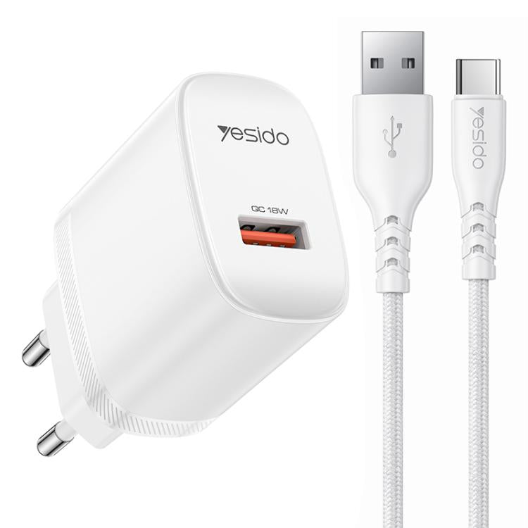 مجموعة شاحن USB بواجهة واحدة بقوة 18 واط من Yesido مع كابل USB إلى Type-C، قابس الاتحاد الأوروبي، قابس المملكة المتحدة، قابس الولايات المتحدة