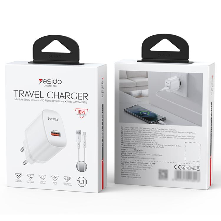 مجموعة شاحن USB بواجهة واحدة بقوة 18 واط من Yesido مع كابل USB إلى Type-C، قابس الاتحاد الأوروبي، قابس المملكة المتحدة، قابس الولايات المتحدة