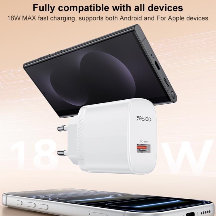 مجموعة شاحن USB بواجهة واحدة بقوة 18 واط من Yesido مع كابل USB إلى Type-C، قابس الاتحاد الأوروبي، قابس المملكة المتحدة، قابس الولايات المتحدة