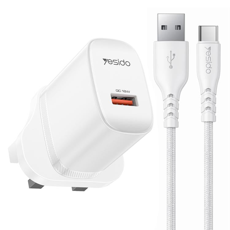 مجموعة شاحن USB بواجهة واحدة بقوة 18 واط من Yesido مع كابل USB إلى Type-C، قابس الاتحاد الأوروبي، قابس المملكة المتحدة، قابس الولايات المتحدة