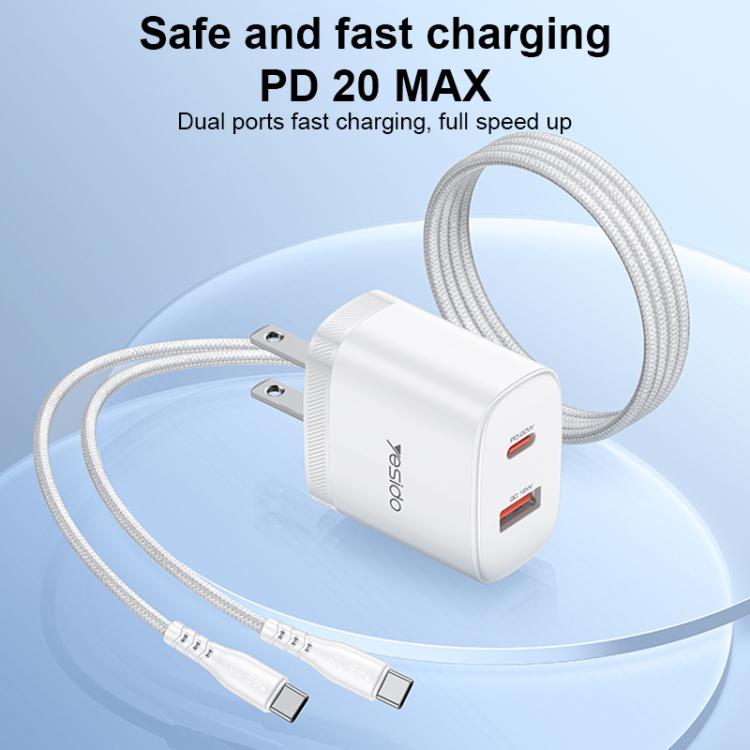 مجموعة شاحن Yesido YC19U PD20W USB-C / Type-C ومنافذ مزدوجة QC18W USB-A مع كابل Type-C إلى Type-C، YC19U
