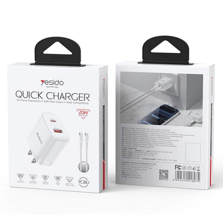 مجموعة شاحن Yesido YC19U PD20W USB-C / Type-C ومنافذ مزدوجة QC18W USB-A مع كابل Type-C إلى Type-C، YC19U