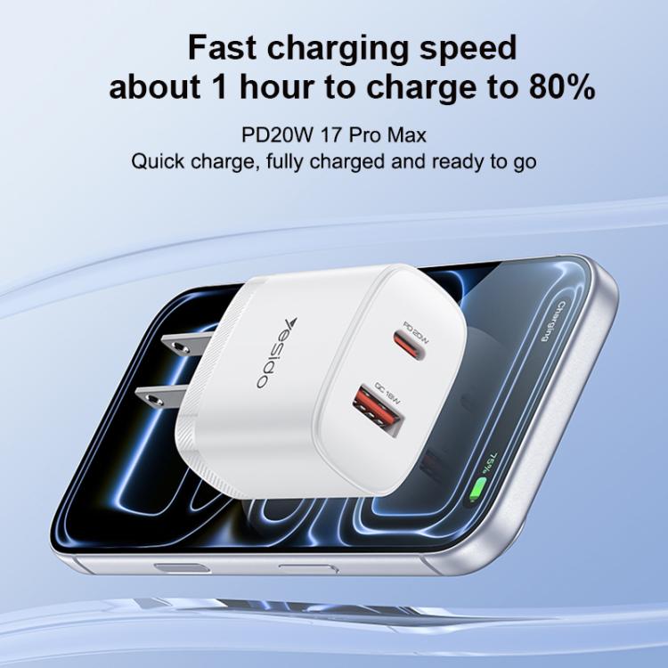 مجموعة شاحن Yesido YC19U PD20W USB-C / Type-C ومنافذ مزدوجة QC18W USB-A مع كابل Type-C إلى Type-C، YC19U
