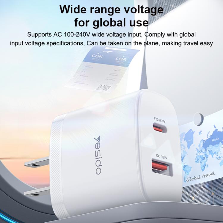 مجموعة شاحن Yesido YC19U PD20W USB-C / Type-C ومنافذ مزدوجة QC18W USB-A مع كابل Type-C إلى Type-C، YC19U