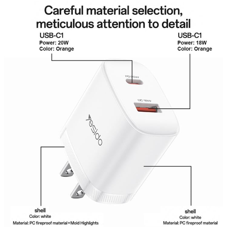 مجموعة شاحن Yesido YC19U PD20W USB-C / Type-C ومنافذ مزدوجة QC18W USB-A مع كابل Type-C إلى Type-C، YC19U