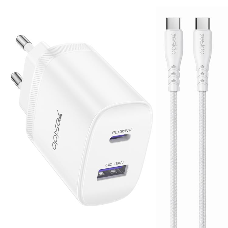 مجموعة شاحن سريع Yesido PD35W من نوع Type-C و USB مع كابل Type-C إلى Type-C، قابس الولايات المتحدة، قابس الاتحاد الأوروبي، قابس المملكة المتحدة