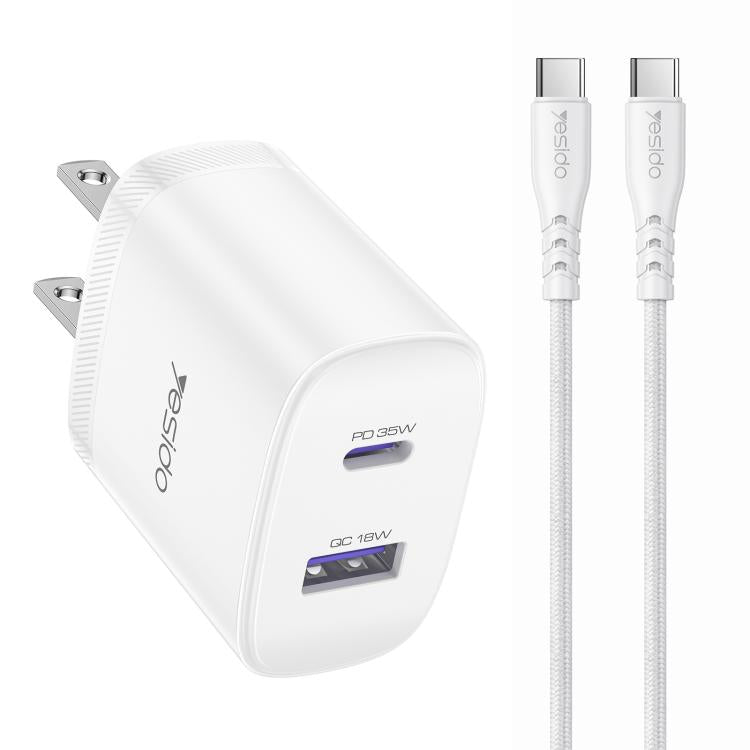 مجموعة شاحن سريع Yesido PD35W من نوع Type-C و USB مع كابل Type-C إلى Type-C، قابس الولايات المتحدة، قابس الاتحاد الأوروبي، قابس المملكة المتحدة