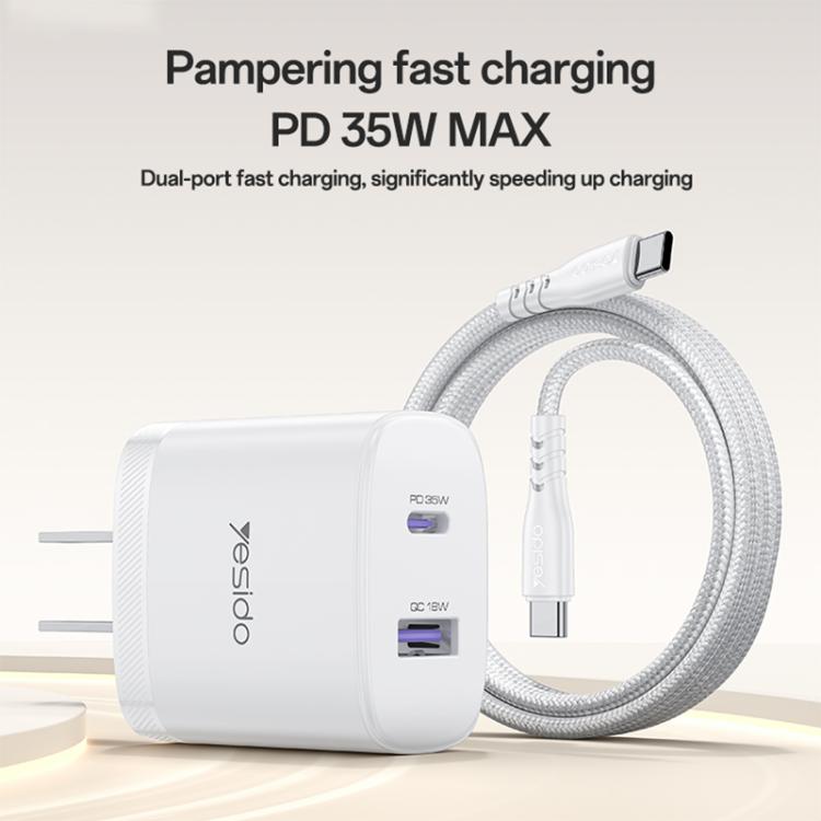 مجموعة شاحن سريع Yesido PD35W من نوع Type-C و USB مع كابل Type-C إلى Type-C، قابس الولايات المتحدة، قابس الاتحاد الأوروبي، قابس المملكة المتحدة
