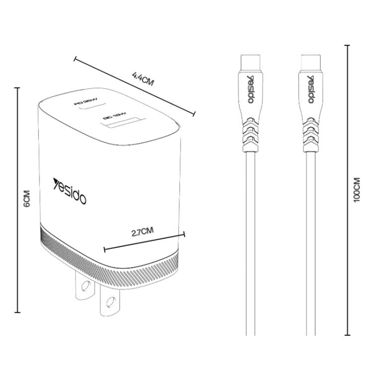 مجموعة شاحن سريع Yesido PD35W من نوع Type-C و USB مع كابل Type-C إلى Type-C، قابس الولايات المتحدة، قابس الاتحاد الأوروبي، قابس المملكة المتحدة