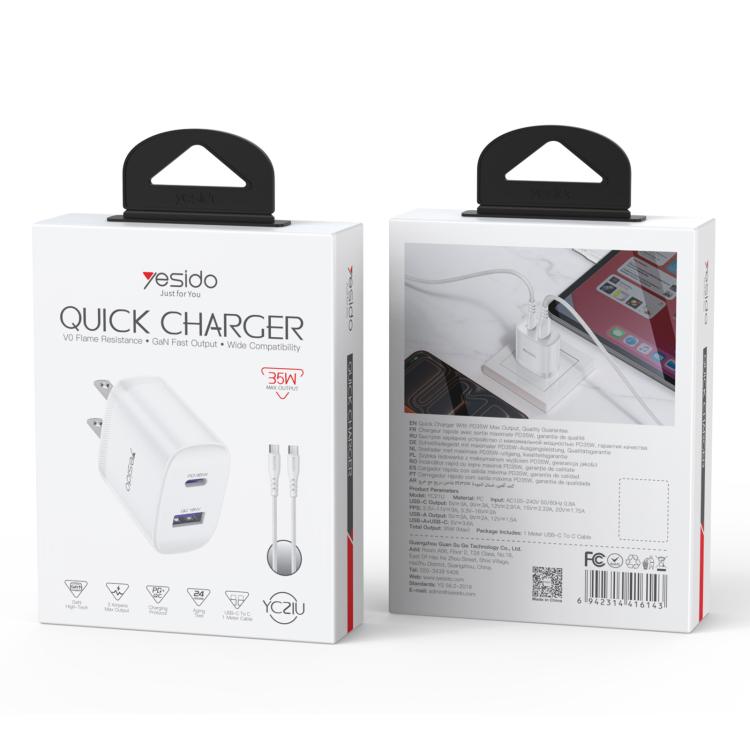 مجموعة شاحن سريع Yesido PD35W من نوع Type-C و USB مع كابل Type-C إلى Type-C، قابس الولايات المتحدة، قابس الاتحاد الأوروبي، قابس المملكة المتحدة