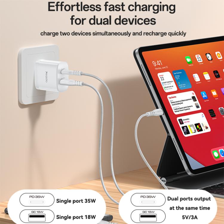 مجموعة شاحن سريع Yesido PD35W من نوع Type-C و USB مع كابل Type-C إلى Type-C، قابس الولايات المتحدة، قابس الاتحاد الأوروبي، قابس المملكة المتحدة