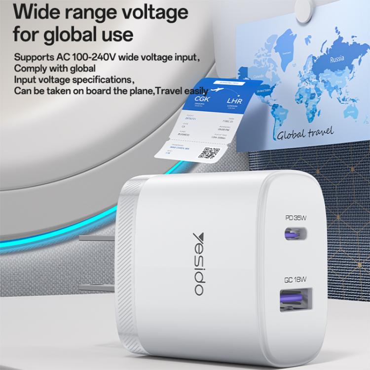 مجموعة شاحن سريع Yesido PD35W من نوع Type-C و USB مع كابل Type-C إلى Type-C، قابس الولايات المتحدة، قابس الاتحاد الأوروبي، قابس المملكة المتحدة