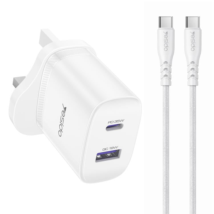 مجموعة شاحن سريع Yesido PD35W من نوع Type-C و USB مع كابل Type-C إلى Type-C، قابس الولايات المتحدة، قابس الاتحاد الأوروبي، قابس المملكة المتحدة