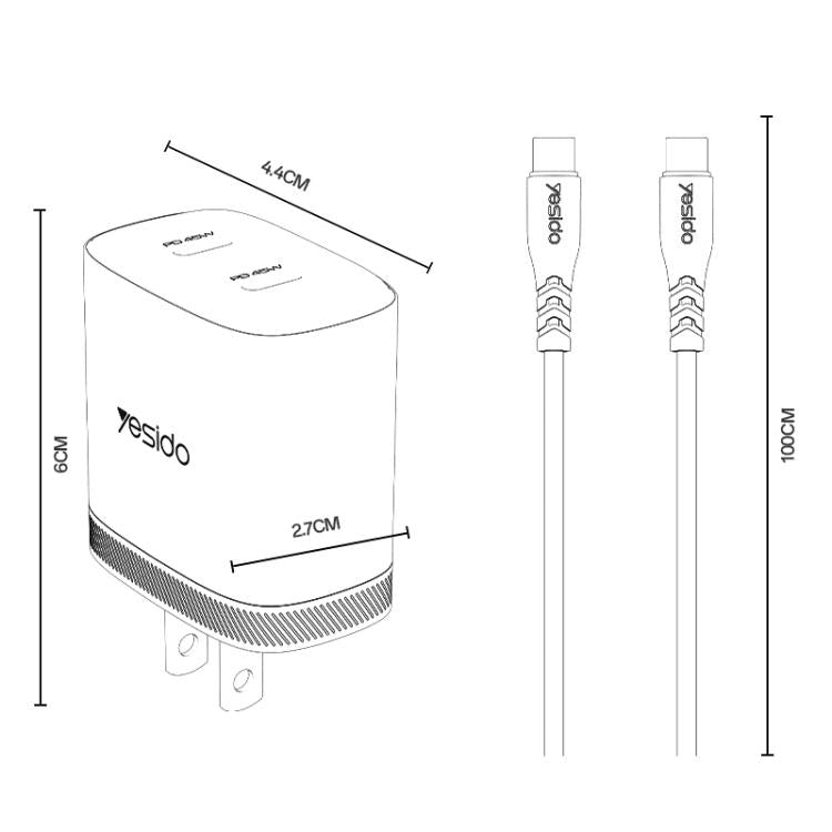 Yesido PD45W Dual Type-C Fast Charger Kit with Type-C to Type-C Cable, US Plug, EU Plug, UK Plug