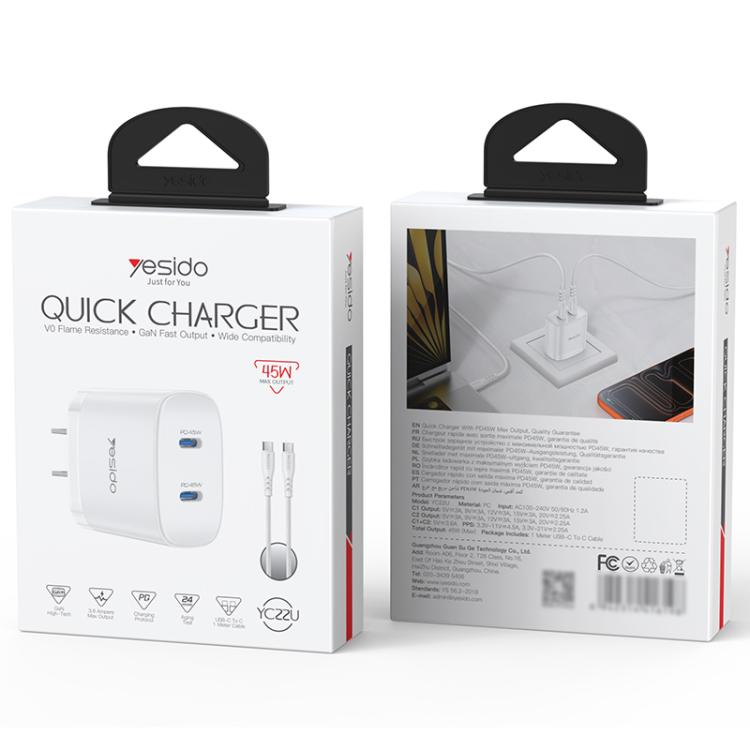 Yesido PD45W Dual Type-C Fast Charger Kit with Type-C to Type-C Cable, US Plug, EU Plug, UK Plug