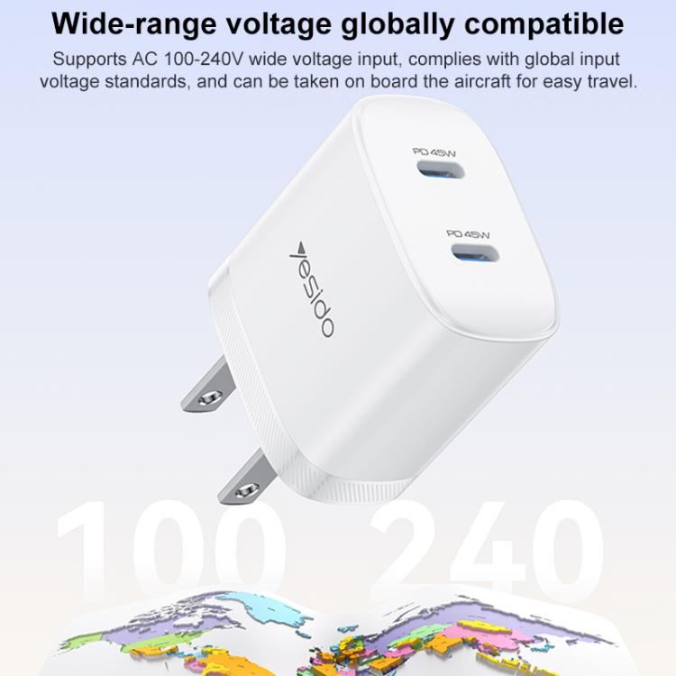 Yesido PD45W Dual Type-C Fast Charger Kit with Type-C to Type-C Cable, US Plug, EU Plug, UK Plug