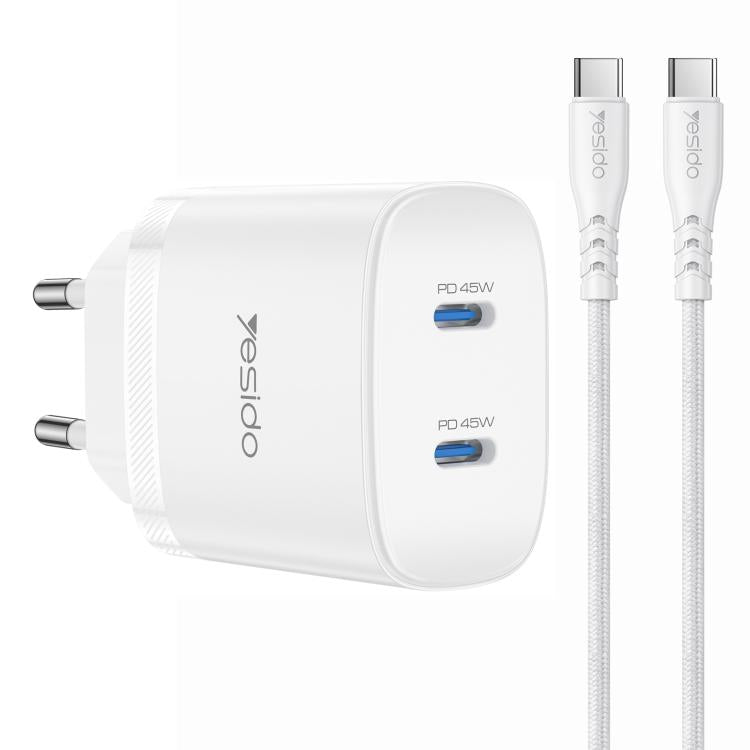 Yesido PD45W Dual Type-C Fast Charger Kit with Type-C to Type-C Cable, US Plug, EU Plug, UK Plug