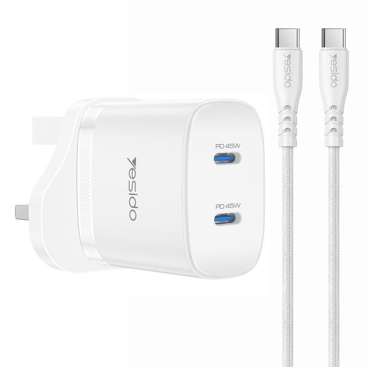 Yesido PD45W Dual Type-C Fast Charger Kit with Type-C to Type-C Cable, US Plug, EU Plug, UK Plug