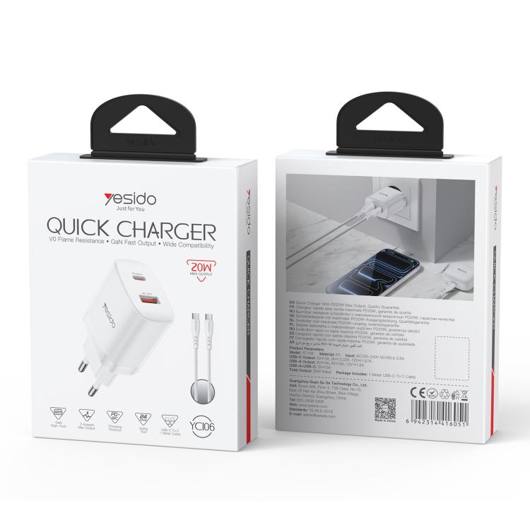 مجموعة شاحن Yesido YC106 PD20W USB-C / Type-C ومنافذ مزدوجة QC18W USB-A مع كابل Type-C إلى Type-C، YC106