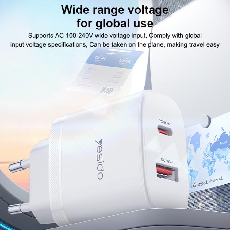 مجموعة شاحن Yesido YC106 PD20W USB-C / Type-C ومنافذ مزدوجة QC18W USB-A مع كابل Type-C إلى Type-C، YC106